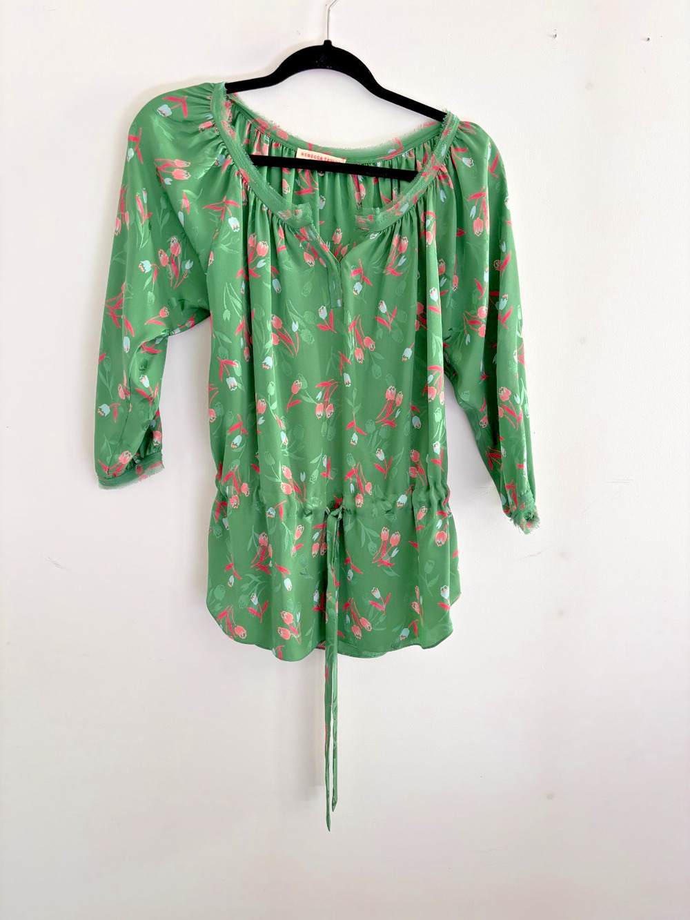 Rebecca Taylor Green Tulip Floral Silk Blouse Tie Waist 3/4 Sleeve Fits 6 Size 0